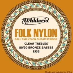 D'Addario EJ33 Folk Nylon Guitar Strings, Ball End, 80/20 Bronze/Clear Nylon Trebles